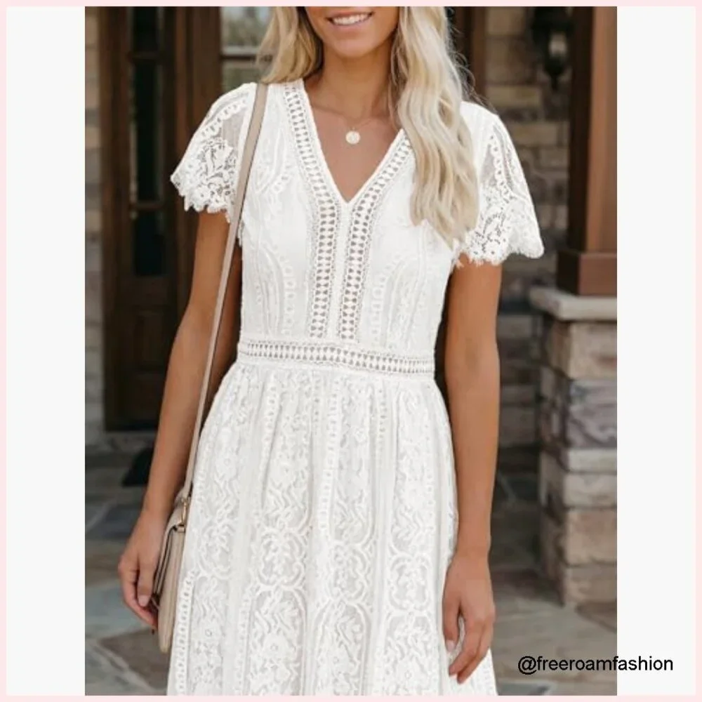 Floral Lace Maxi Dress V-Neck Short Sleeve A-Line Formal Wedding Party - Picture 4 of 7